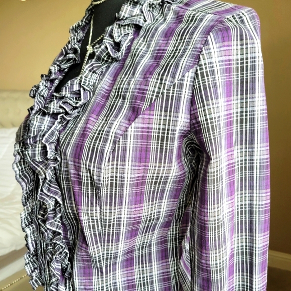 BRINA & EM Vintage Plaid Purple Gray Ruffled Top - Picture 2 of 9